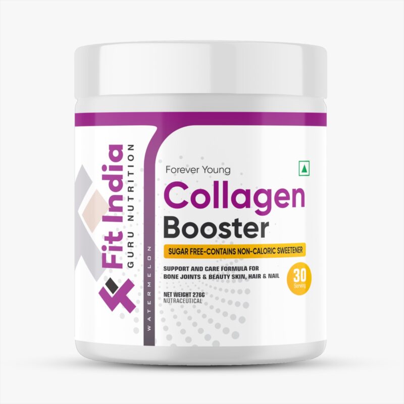 “Fit India Guru Nutrition Collagen Booster front label – sugar-free collagen supplement with vitamins for glowing skin, strong hair, nails, and joint health.”